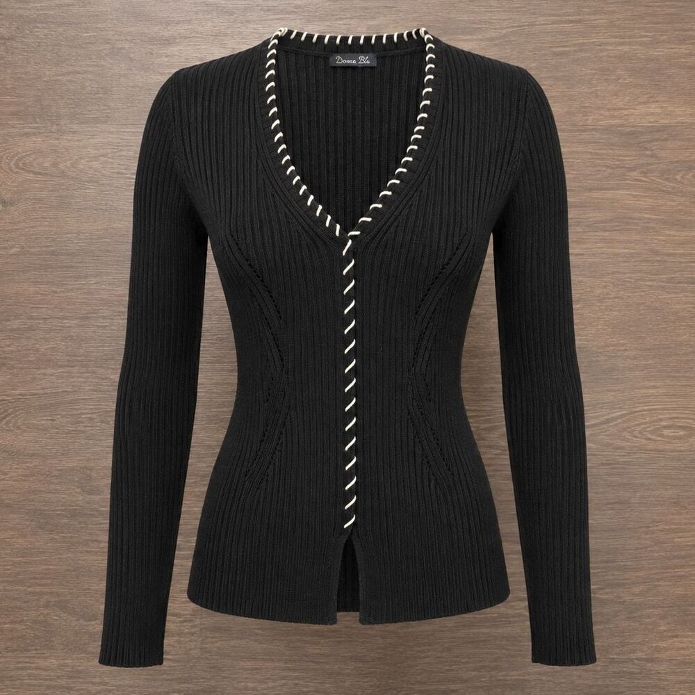 Donna Blu Black Ribbed Knit Cardigan Sweater Made in Italy Contrast Stitching XS